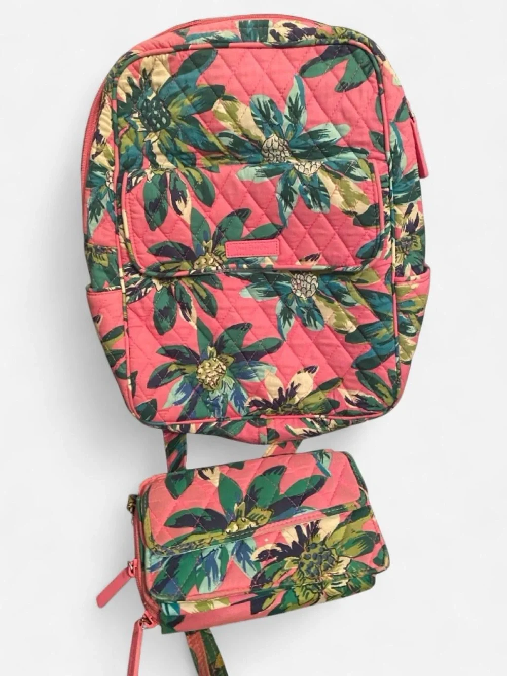 Vera Bradley Coral Floral Quilted Backpack with Matching Wristlet